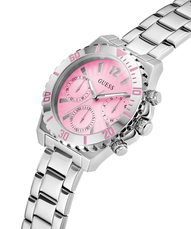 GUESS GW0696L1 side angle showing pink dial, chronograph pushers, and silver bracelet detail