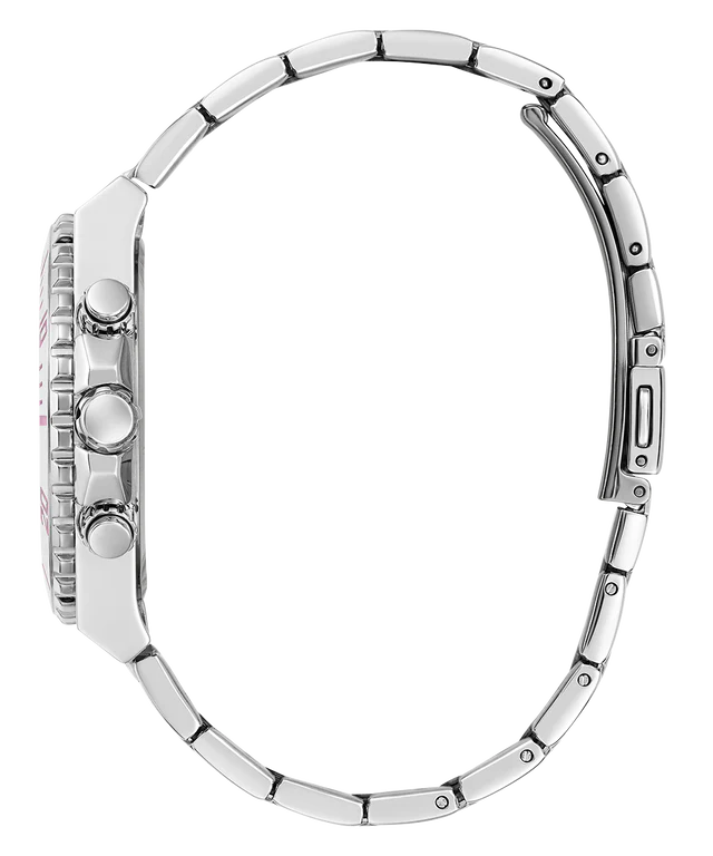 GUESS GW0696L1 side profile showing silver tone case with chronograph pushers and bracelet