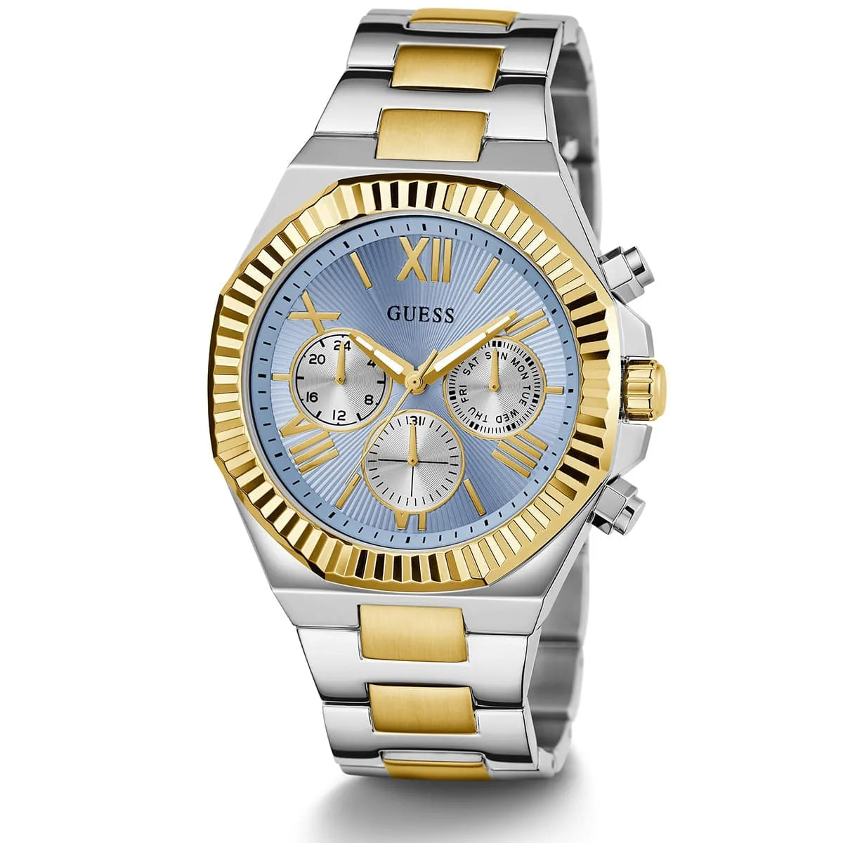 GUESS Equity chronograph watch angled view showing blue dial with gold bezel and 2-tone bracelet