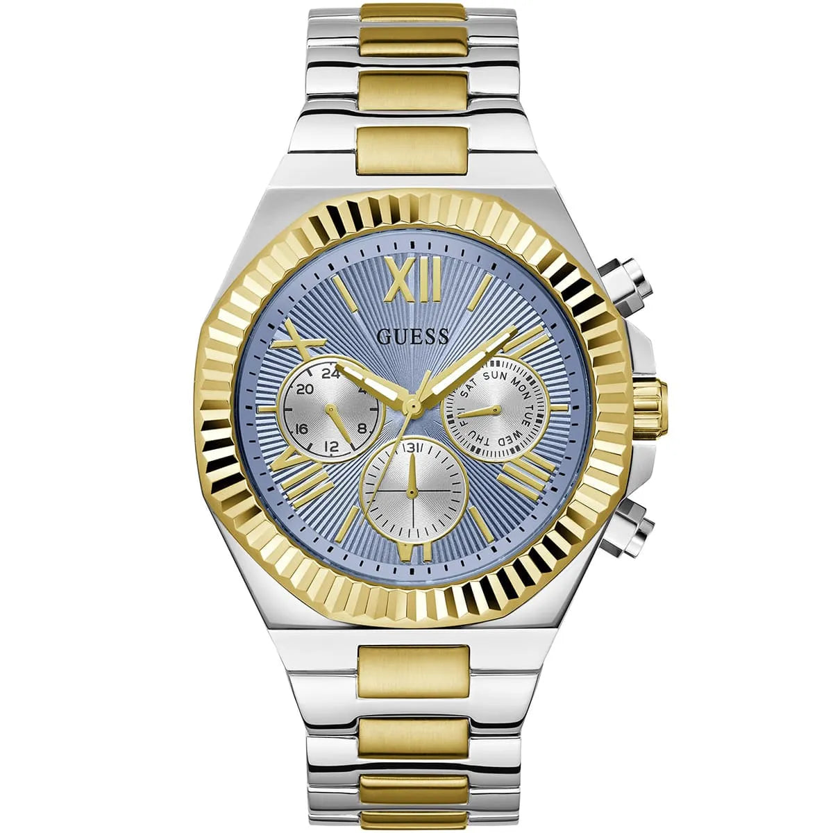 GUESS Equity GW0703G3 men's watch with blue dial, 2-tone silver and gold stainless steel bracelet
