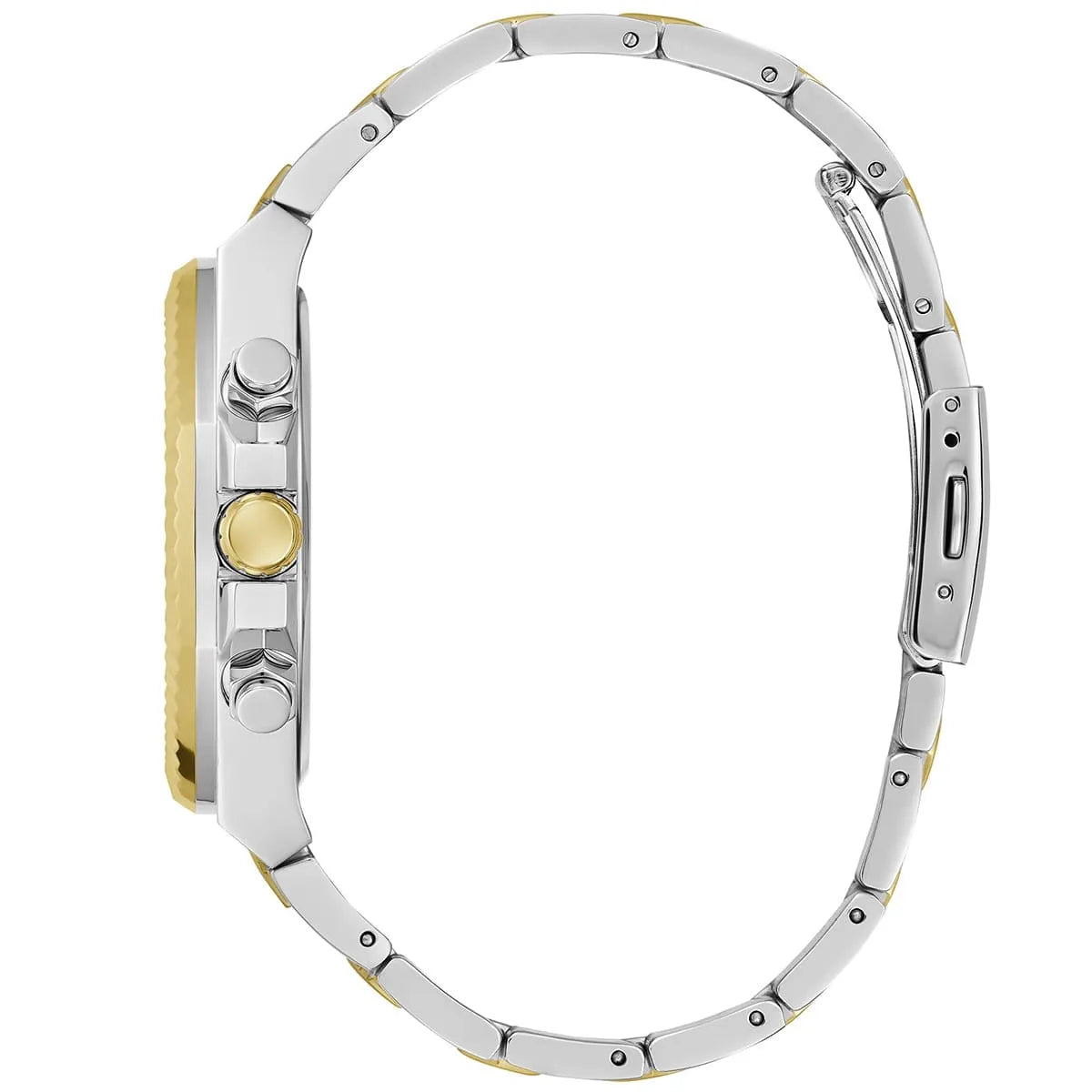 GUESS Equity watch side view displaying chronograph pushers and folding clasp on bracelet