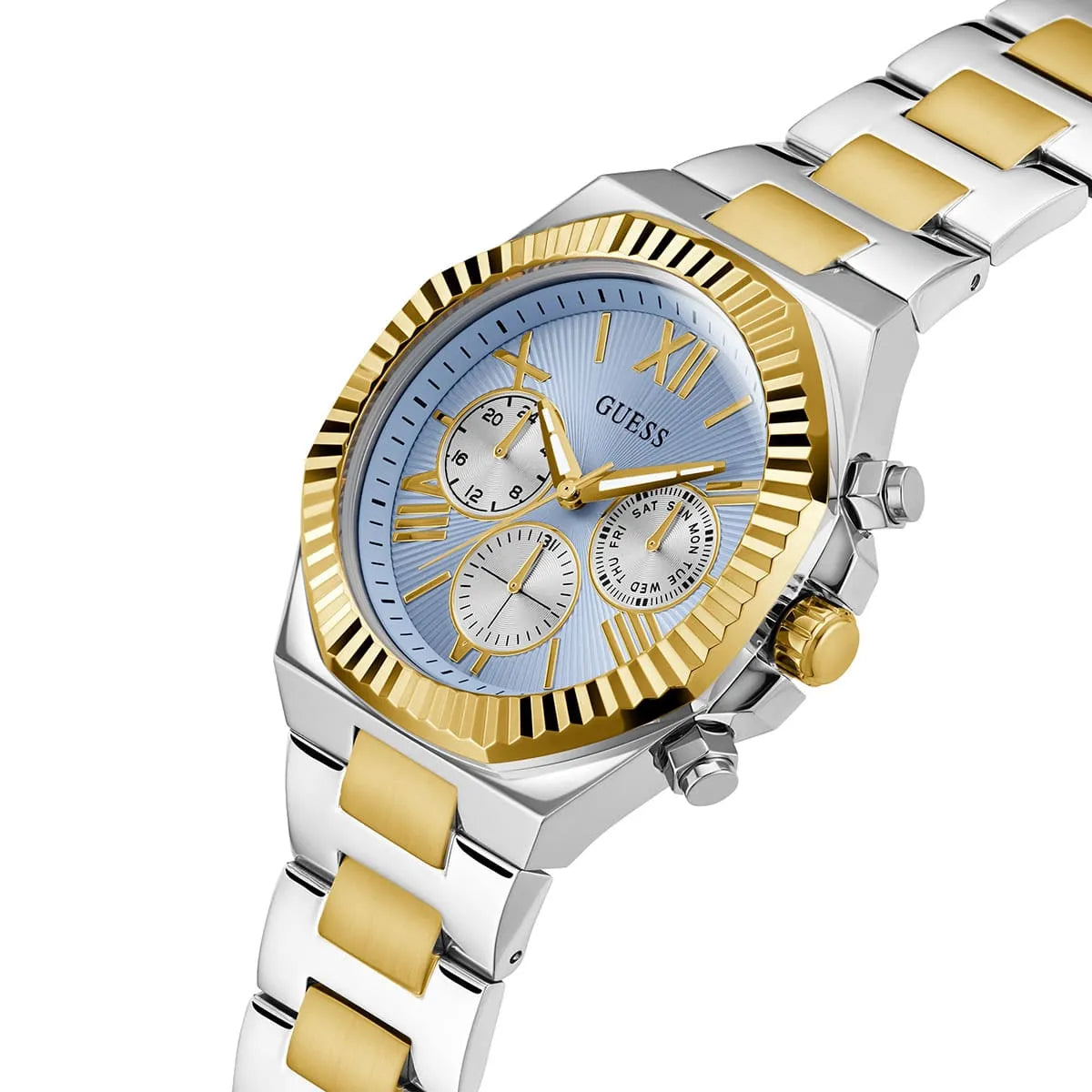 GUESS Equity men's watch side profile showing case thickness and 2-tone metal bracelet