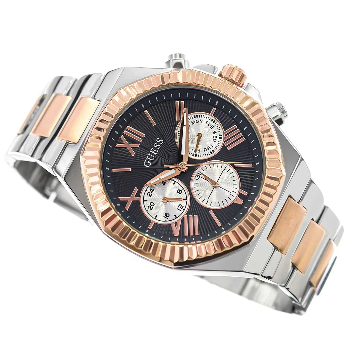 GUESS Equity men's watch featuring three subdials and rose gold accents on case and bracelet