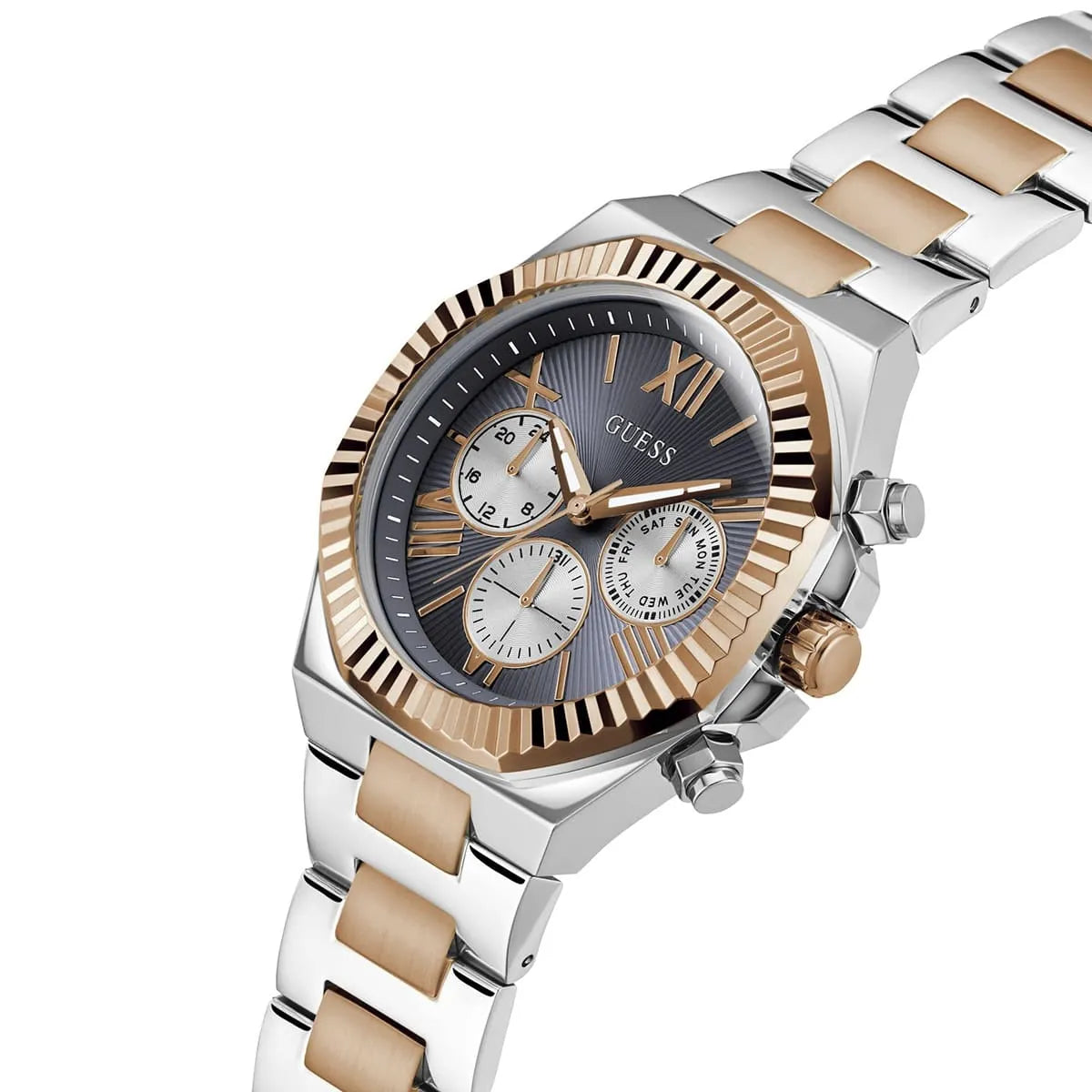 GUESS Equity chronograph watch with Roman numeral dial and 2-tone stainless steel band