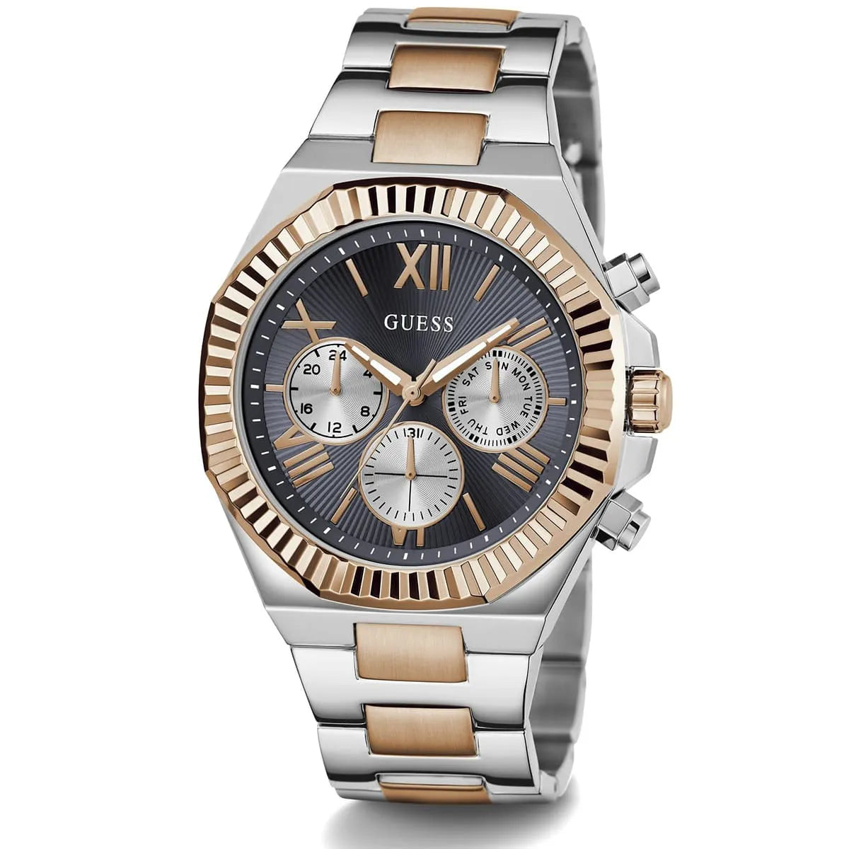GUESS Equity chronograph with black dial and alternating silver and rose gold metal bracelet links