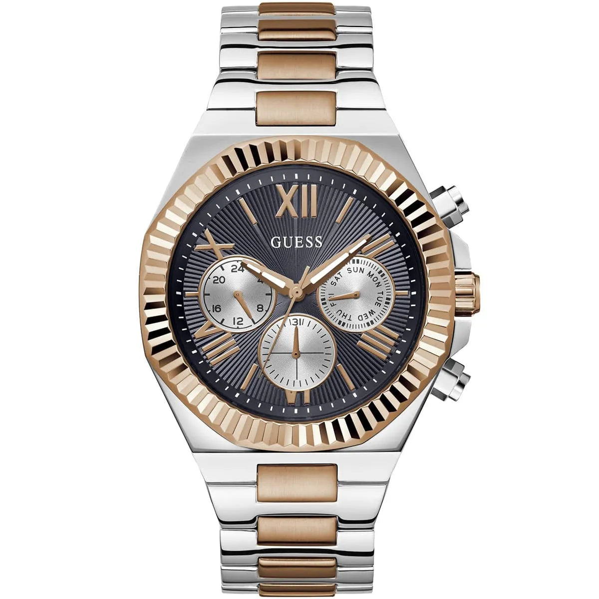 GUESS Equity men's chronograph watch with black dial, rose gold bezel, and 2-tone stainless steel bracelet