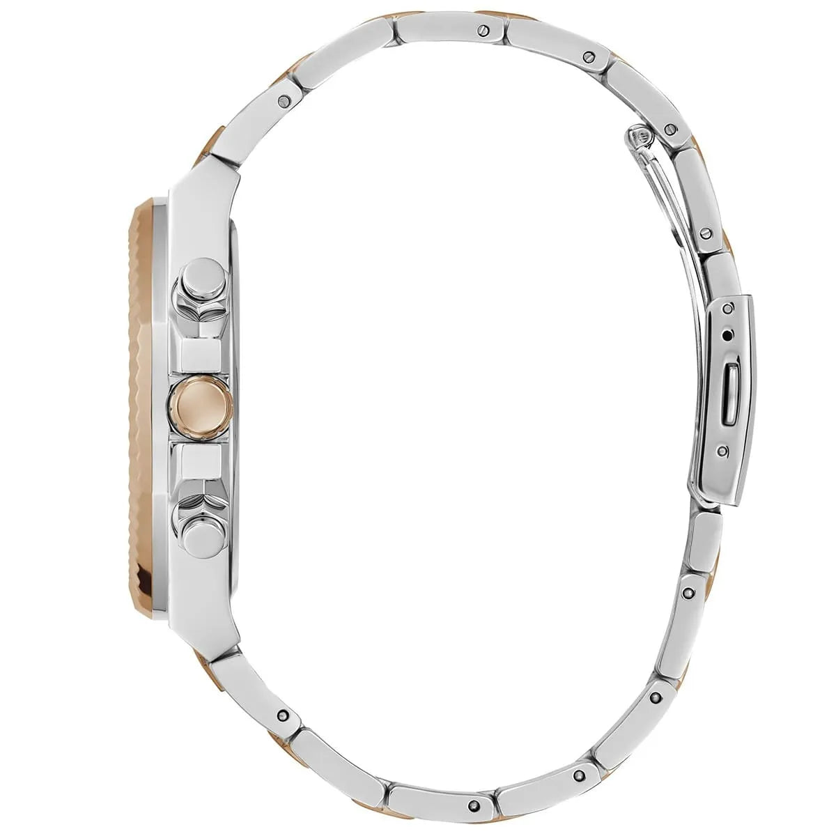 Side view of GUESS Equity watch showing chronograph pushers and 2-tone bracelet construction