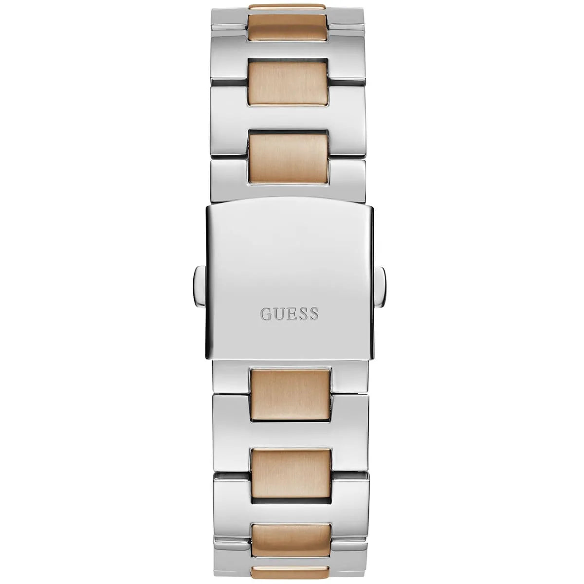 GUESS Equity bracelet clasp showing alternating silver and rose gold stainless steel links