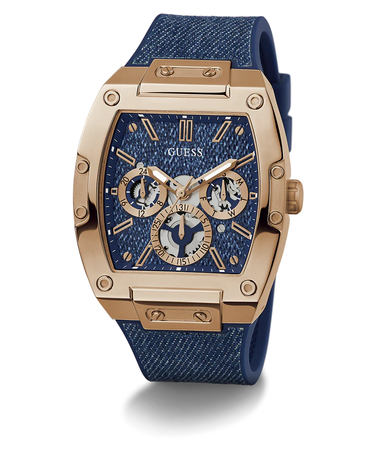 Side angle view of GUESS GW0786G2 chronograph watch with rose gold and blue elements
