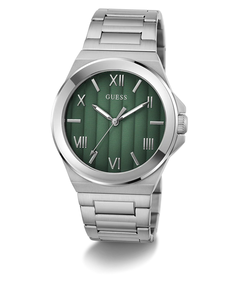 GUESS GW0789G1 watch angled view showing silver bracelet and green dial face