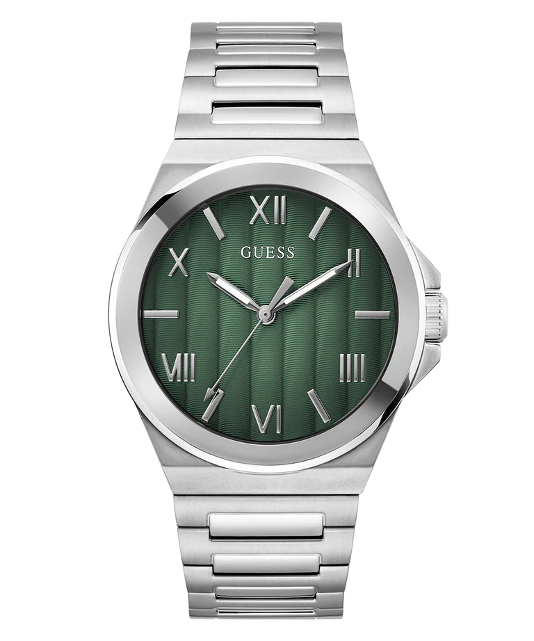 GUESS GW0789G1 silver tone mens watch with green dial and Roman numeral markers