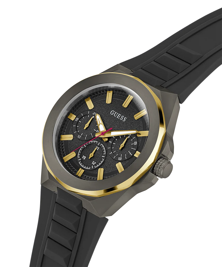 GUESS GW0799G1 angled view showing multi-function chronograph dial and gold bezel