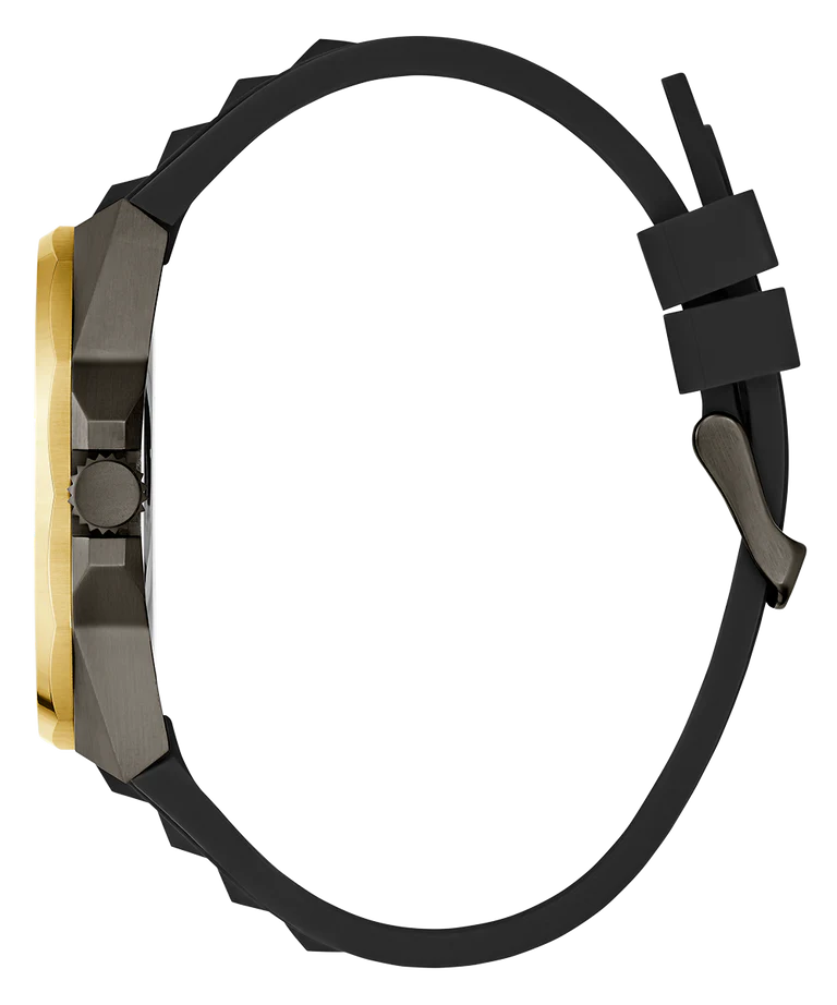 Side view of GUESS GW0799G1 showing black silicone strap and gold-tone case edge