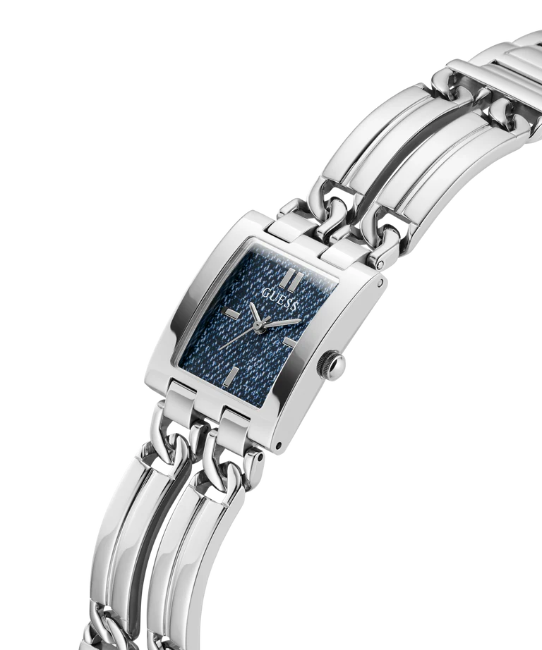 GUESS GW0807L1 angled view showing silver bracelet and blue textured dial