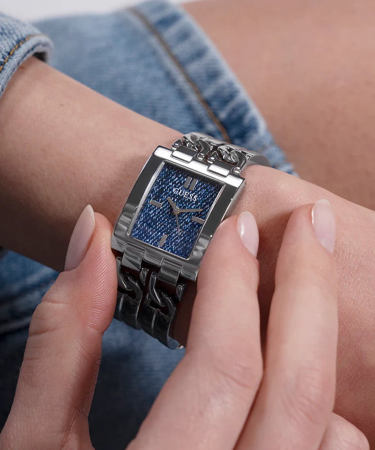 GUESS GW0807L1 watch worn on wrist with blue dial and silver case