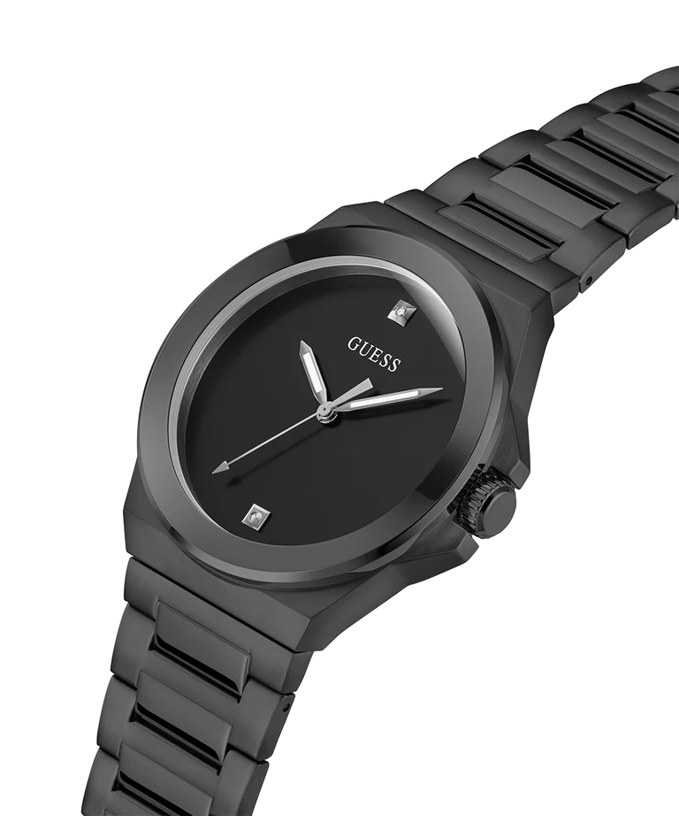 GUESS GW0833G2 watch angled view showing black dial and gunmetal metal bracelet