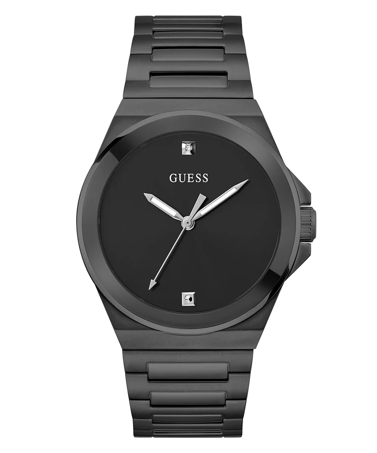 GUESS GW0833G2 men's black analog watch with white hands and gunmetal bracelet, front view