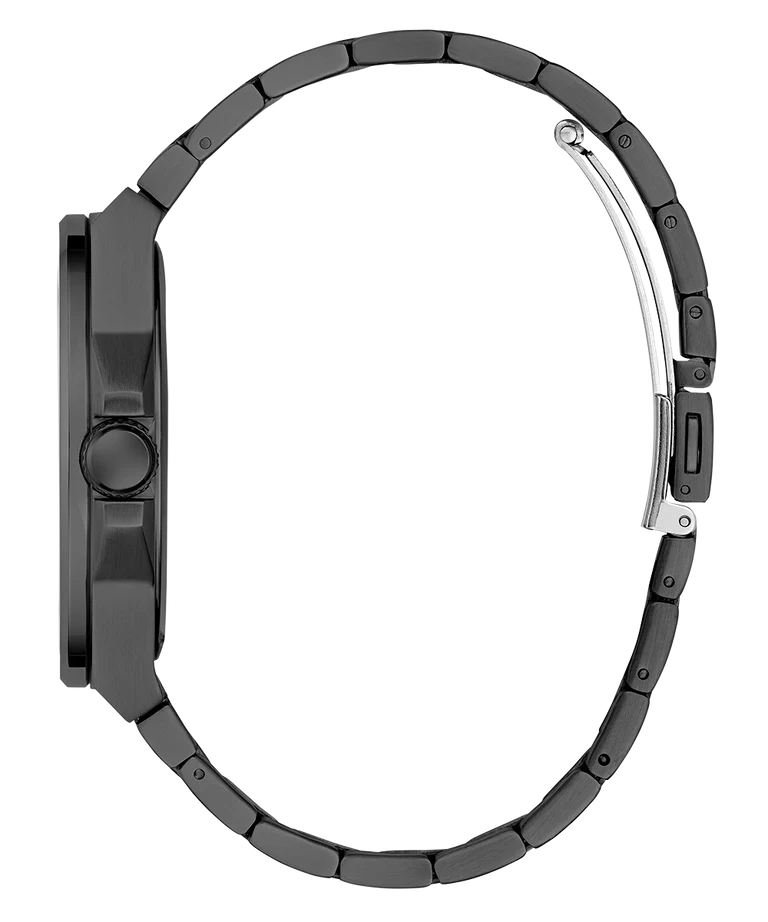 GUESS GW0833G2 watch side profile showing gunmetal metal bracelet and case thickness