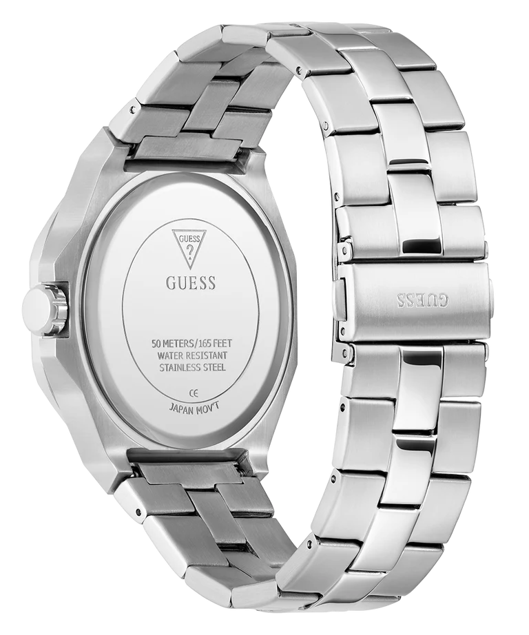GUESS watch caseback showing stainless steel case with water resistant specifications