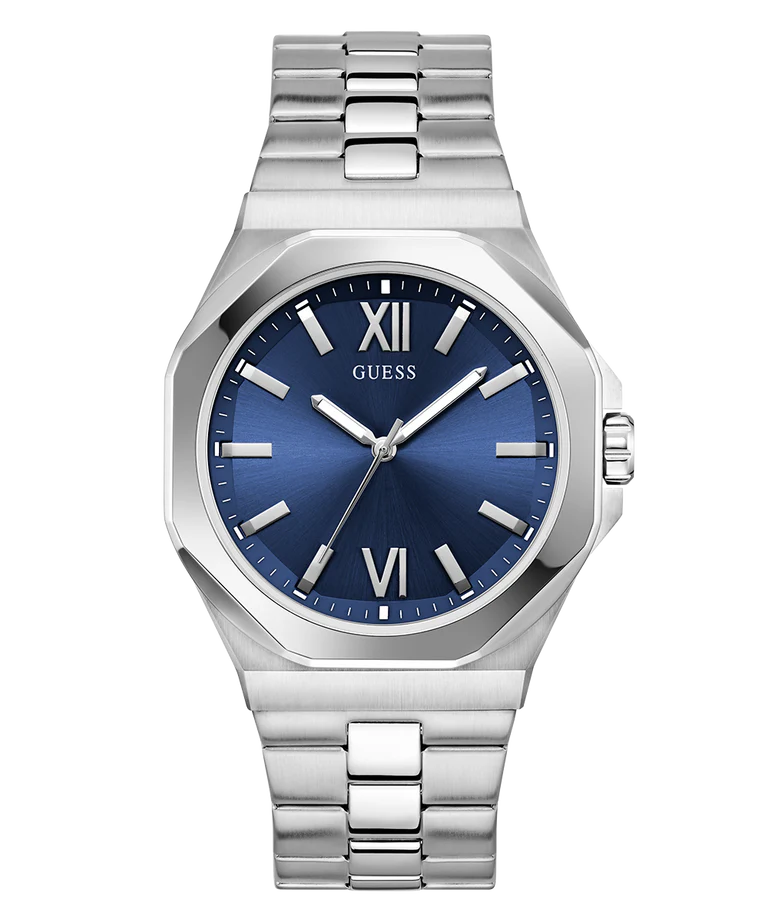 GUESS silver tone mens watch with blue dial and Roman numeral hour markers