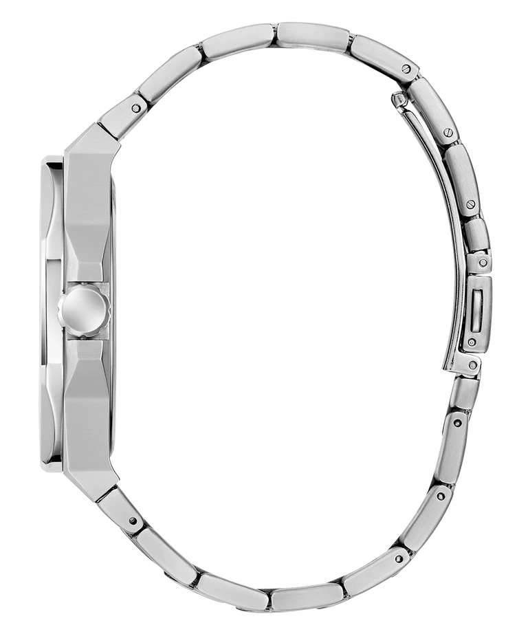 Side profile view of GUESS watch showing case depth and bracelet construction
