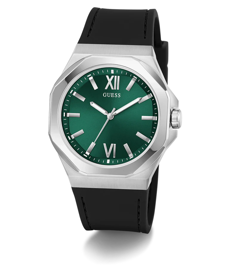 Angled view of GUESS GW0850G1 showing green dial with Roman numerals and black strap