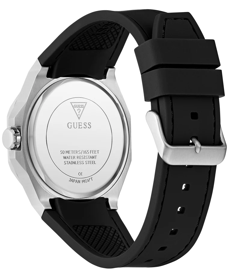 GUESS GW0850G1 caseback showing stainless steel with water resistant specifications