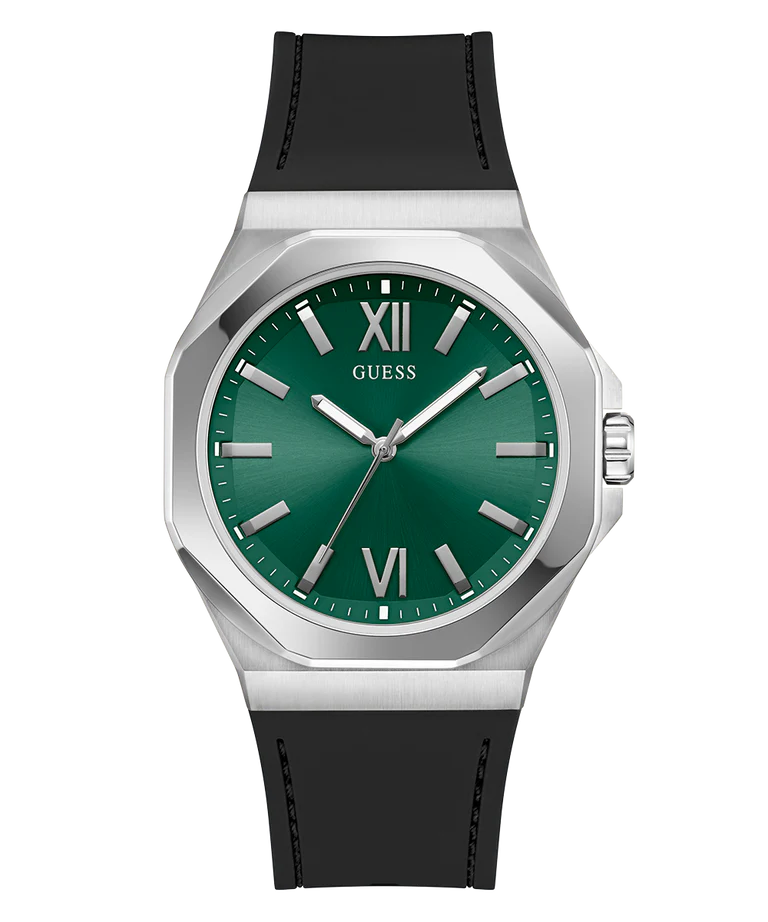 GUESS GW0850G1 men's watch with green dial, silver case, and black strap