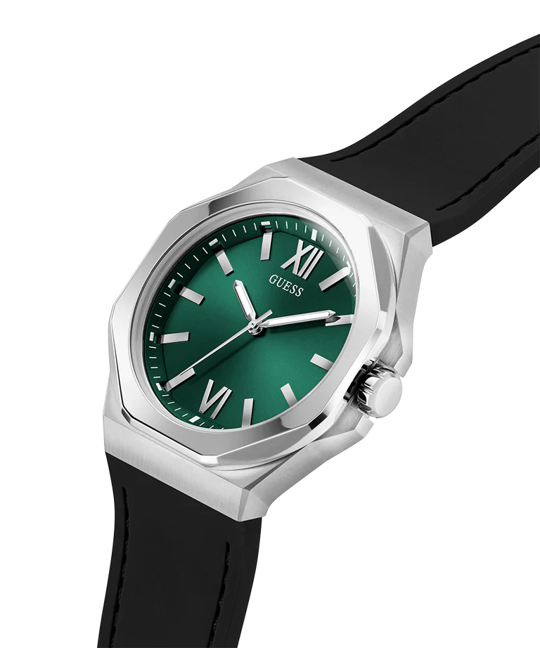 GUESS GW0850G1 watch worn on wrist with green dial and silver case