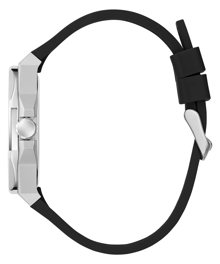 Side profile of GUESS GW0850G1 showing case thickness, black strap, and clasp