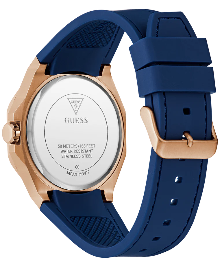 GUESS watch caseback with engraved text and blue strap