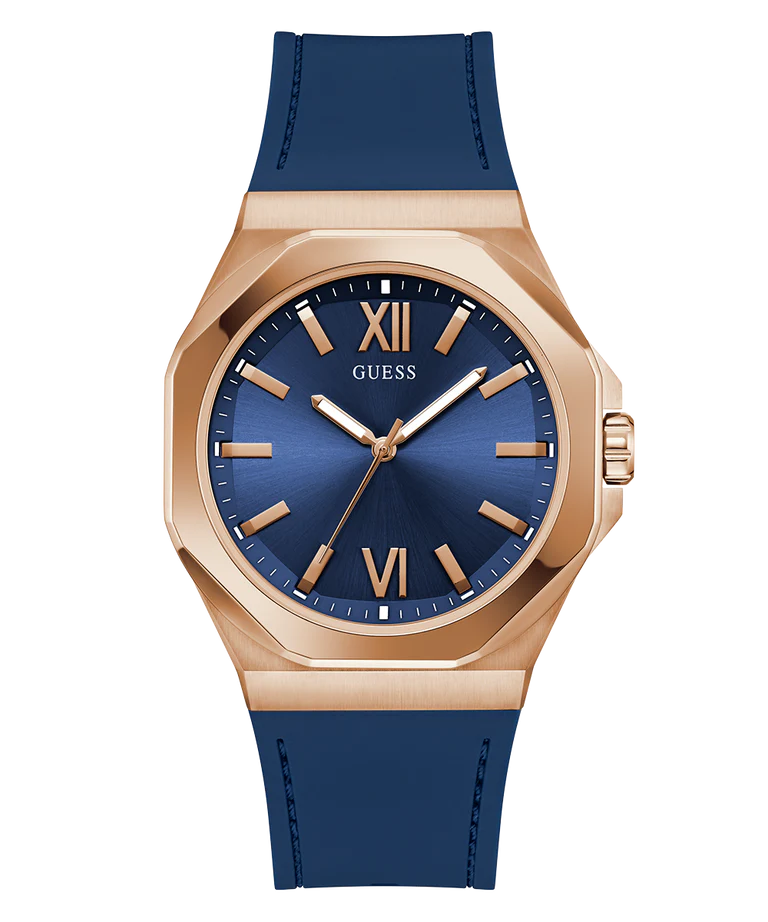 GUESS rose gold analog watch with blue dial and octagonal case