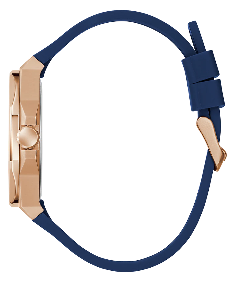 GUESS watch blue silicone strap with rose gold case lugs