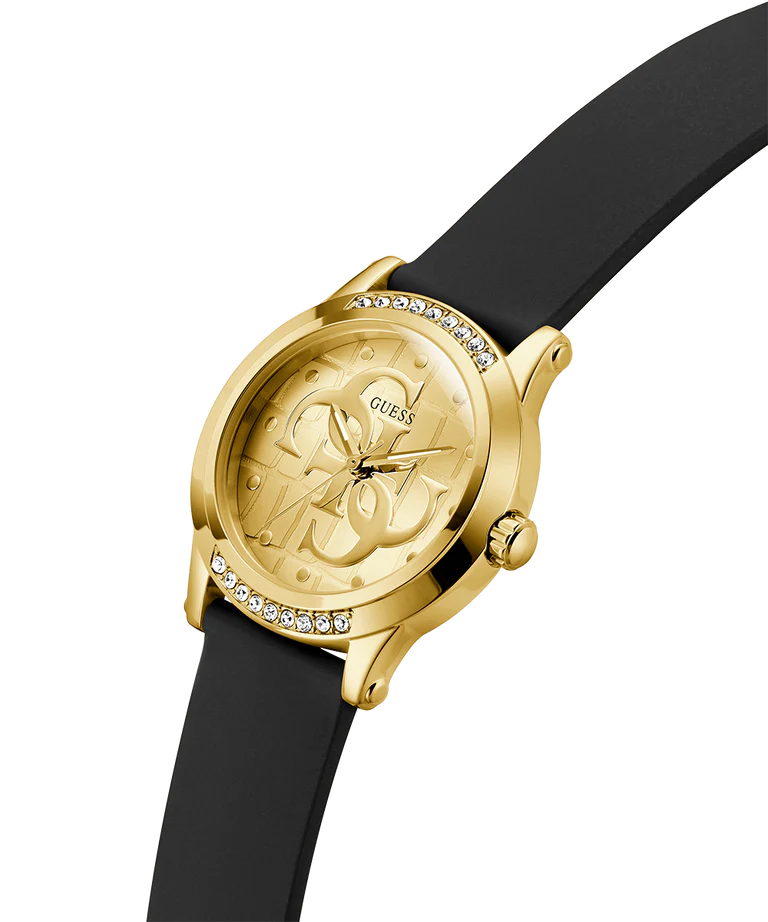 GUESS gold watch angled view showcasing diamond-set bezel and patterned dial