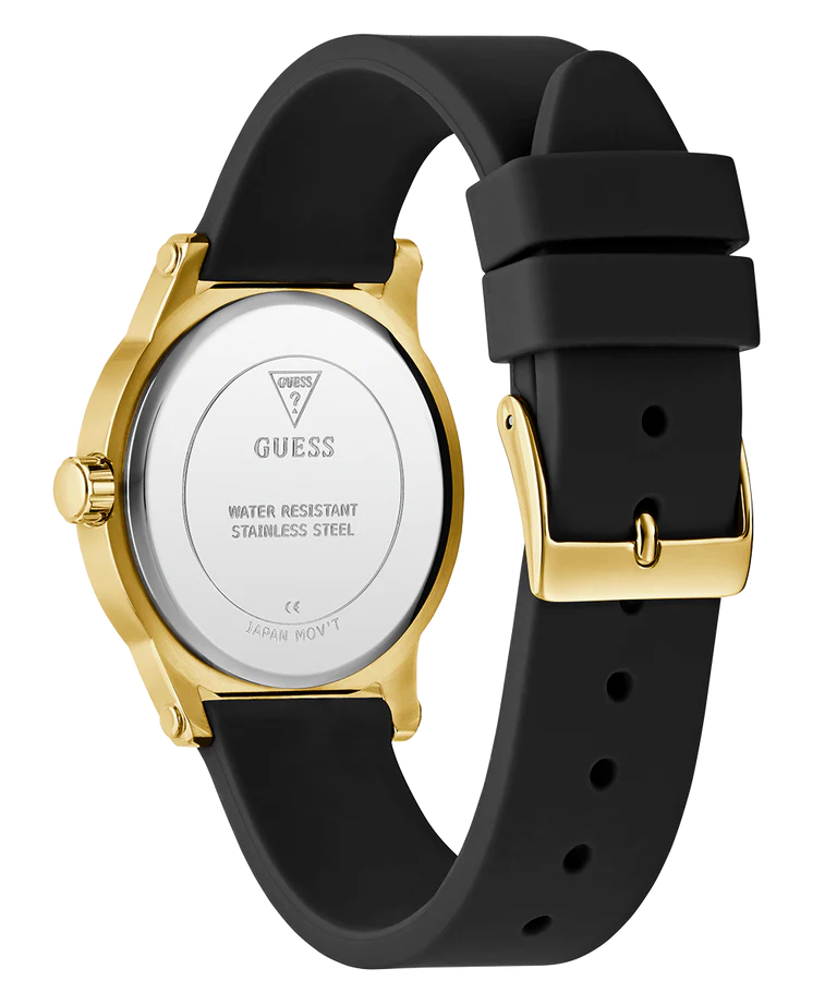 GUESS watch caseback showing water resistant stainless steel specifications