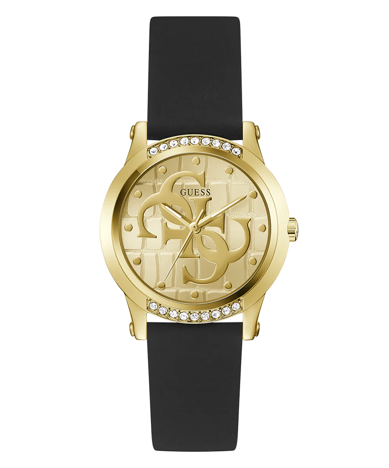 GUESS gold tone ladies watch with diamond bezel and black leather strap