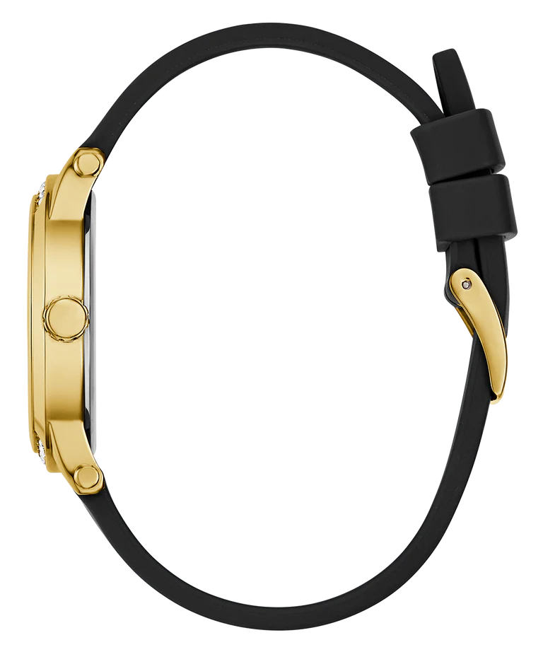 GUESS gold tone watch side profile with black leather strap and gold lugs