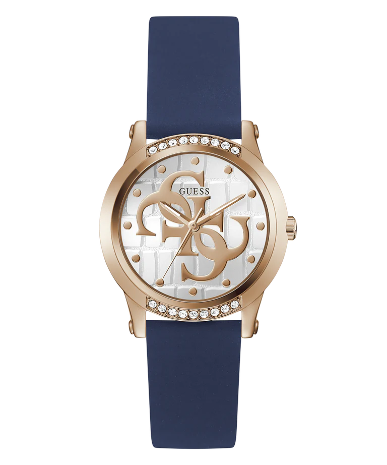 GUESS rose gold ladies watch with white dial, decorative rose gold logo, and crystal-set bezel