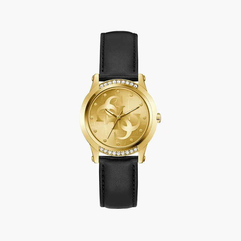 GUESS gold and black leather women's watch with crystal bezel and signature dial