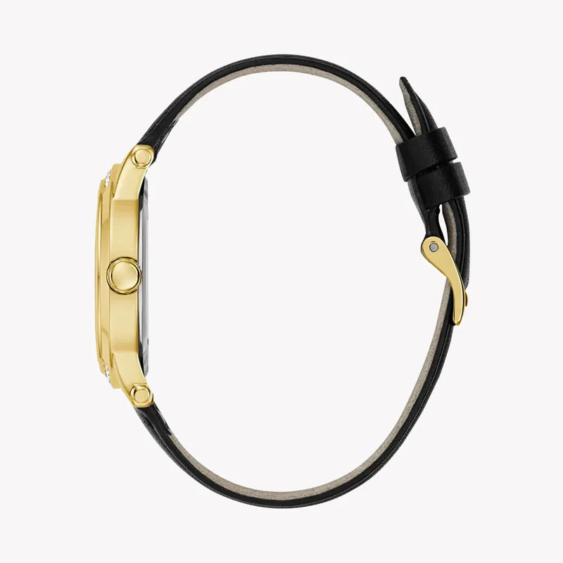 GUESS women's watch side view showing gold case and black leather strap