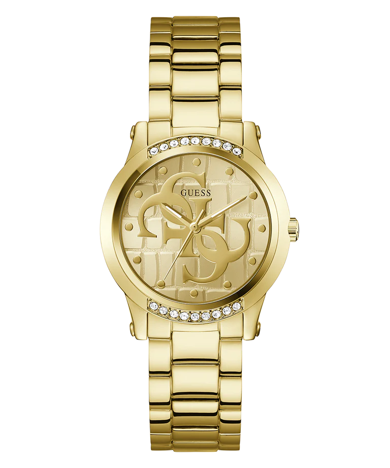 GUESS gold tone ladies watch with crystal bezel and link bracelet