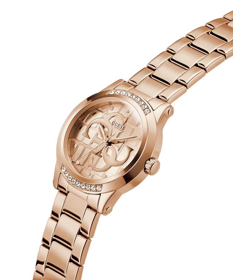 GUESS rose gold watch angled view showing crystal-set bezel and rose gold metal bracelet links