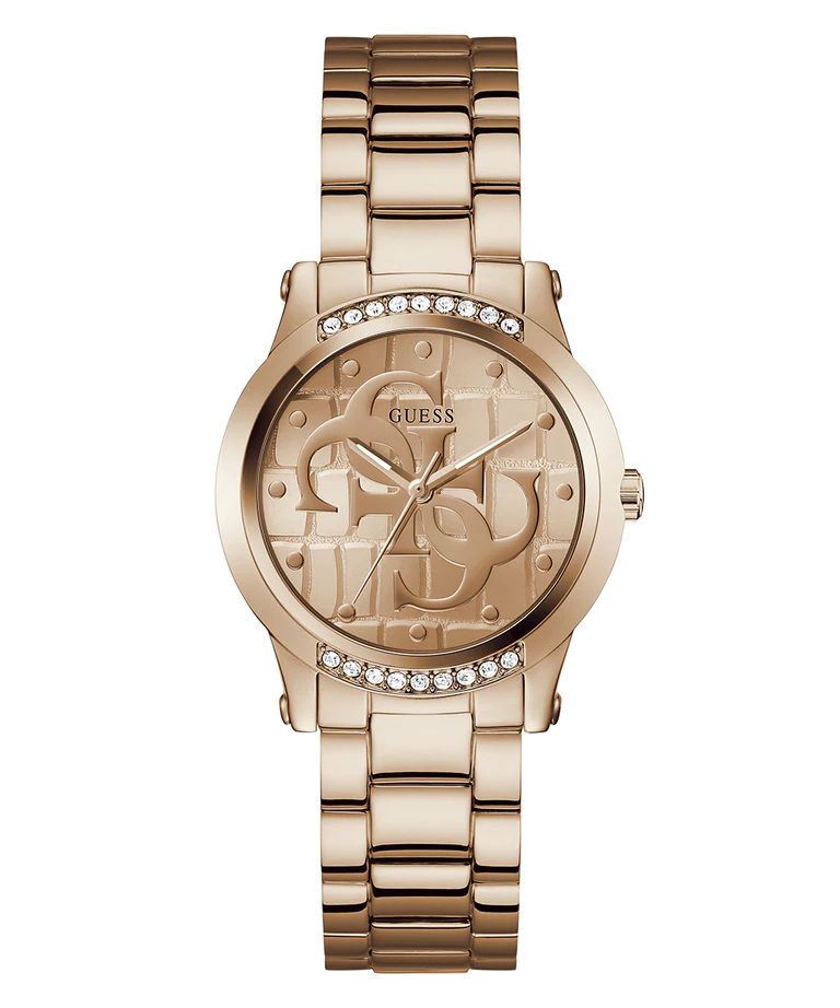 GUESS rose gold tone ladies watch with round dial, crystal bezel, embossed face and link bracelet