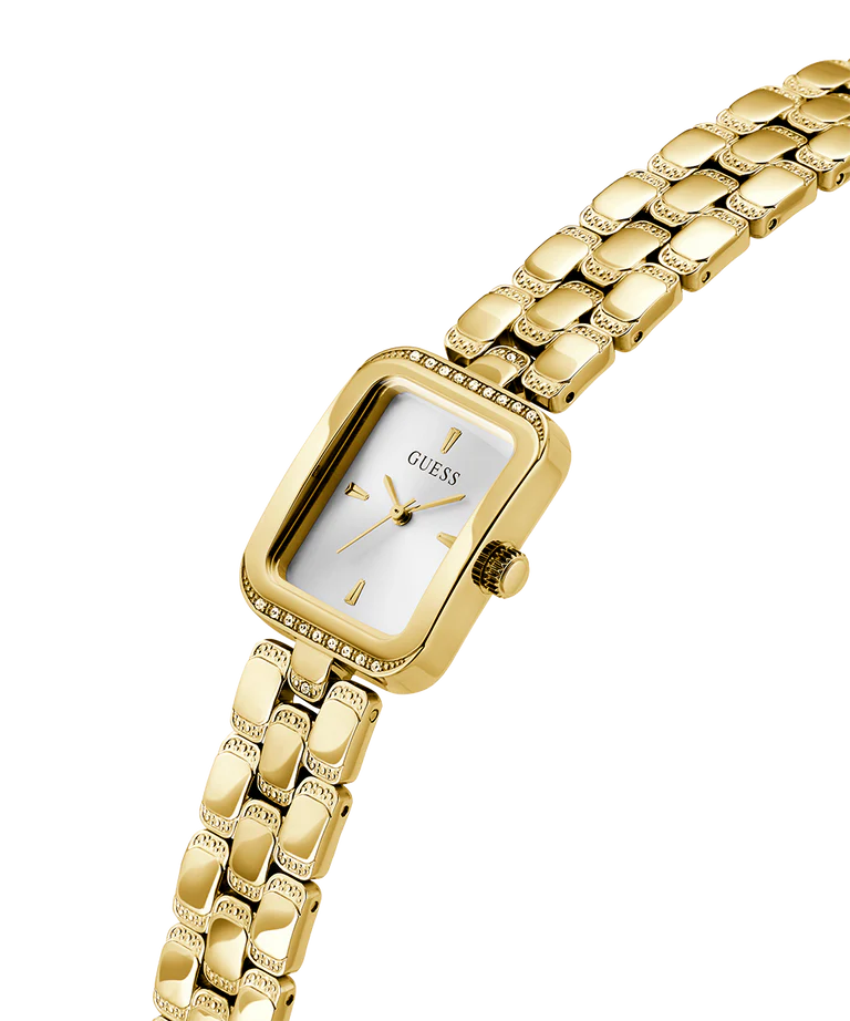 GUESS gold tone ladies watch at angle showing dial and segmented gold bracelet