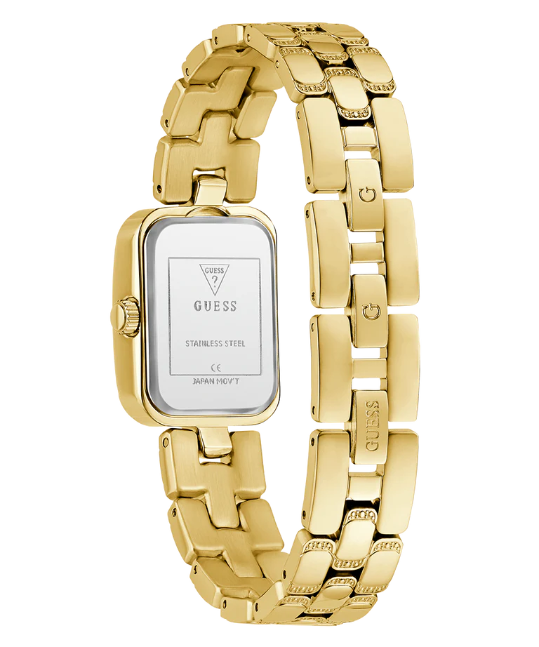 GUESS gold tone ladies watch caseback showing stainless steel case with branding