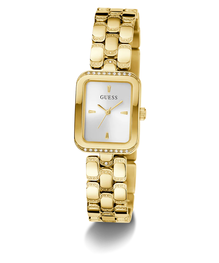 GUESS gold tone ladies watch side view with white dial and crystal bezel detail