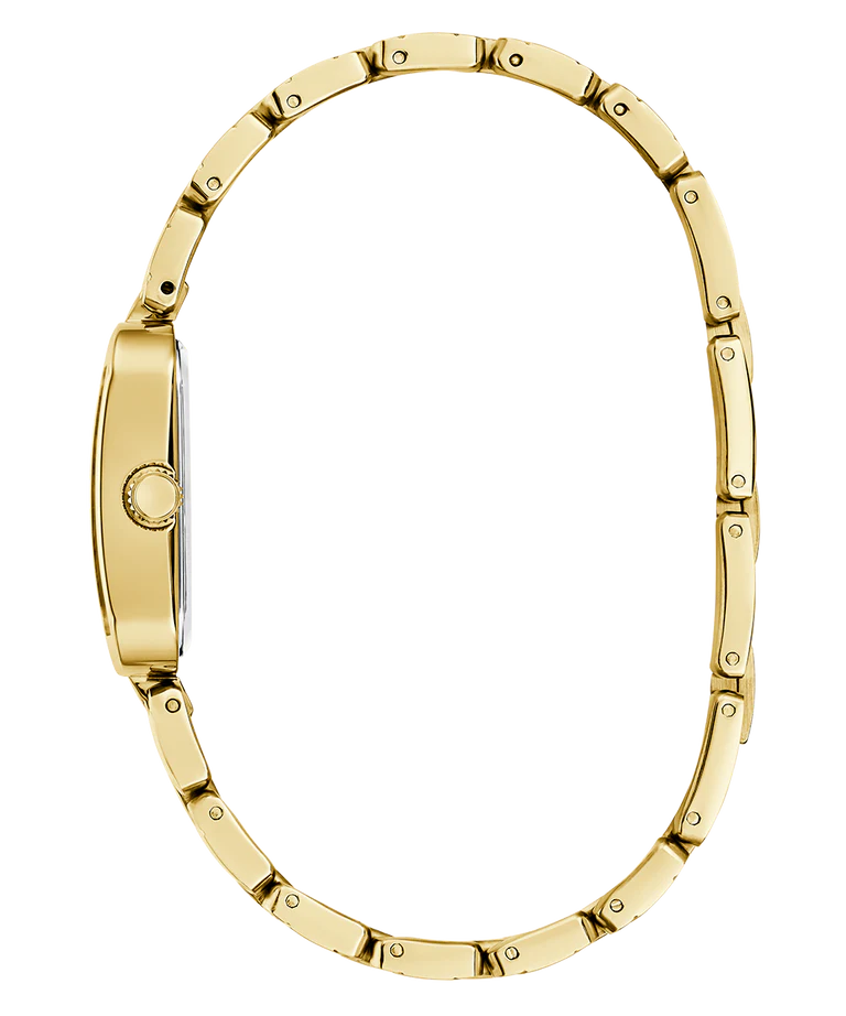 GUESS gold tone ladies watch bracelet detail showing segmented link design