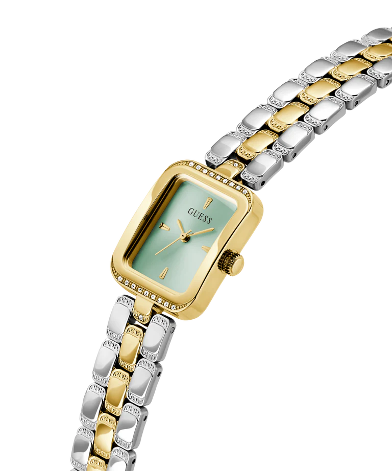 GUESS GW0865L4 ladies watch angled view showing 2-tone bracelet and gold case detail