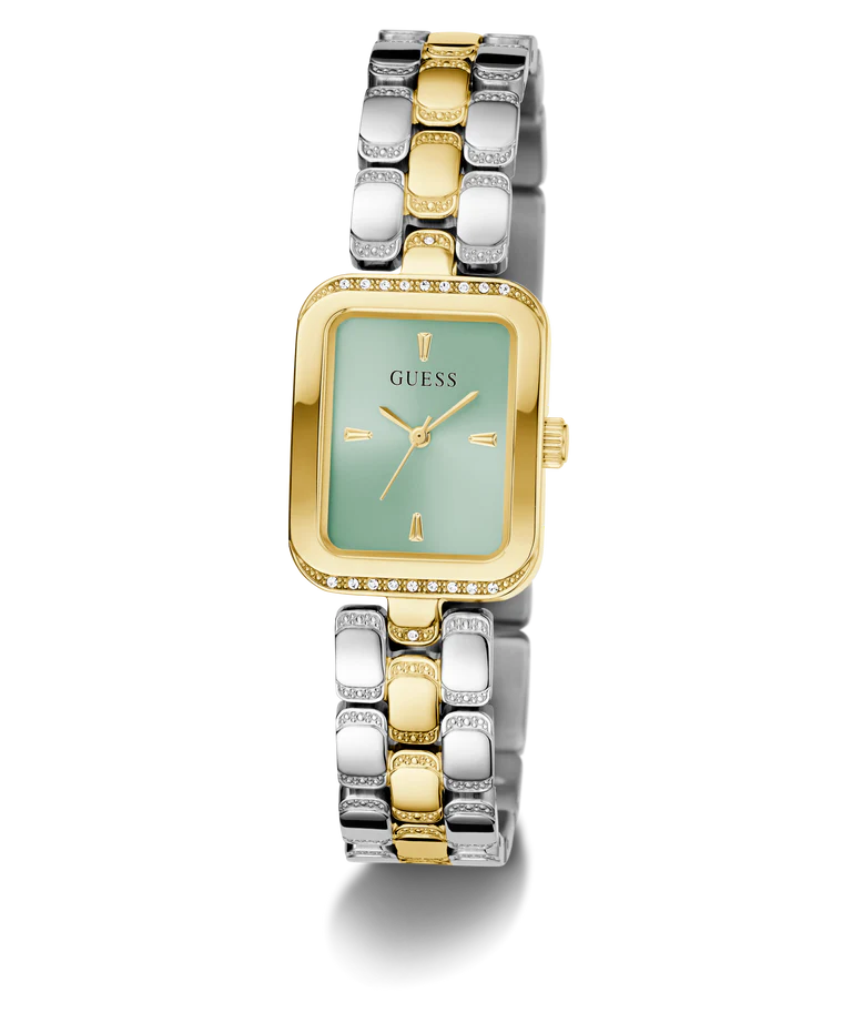 Side view of GUESS GW0865L4 watch with 2-tone gold and silver link bracelet