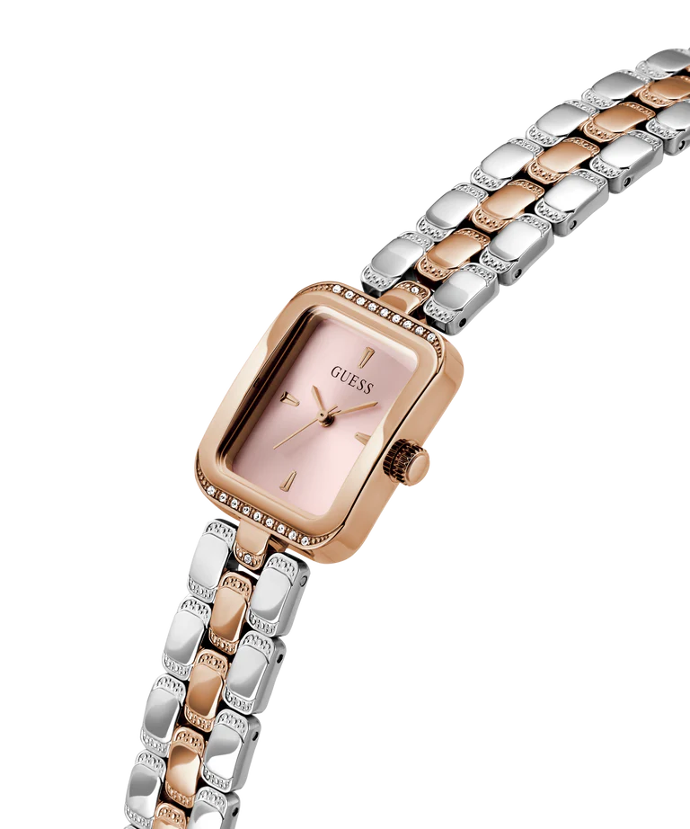 GUESS GW0865L5 angled view showing two-tone rose gold and silver bracelet with rectangular case